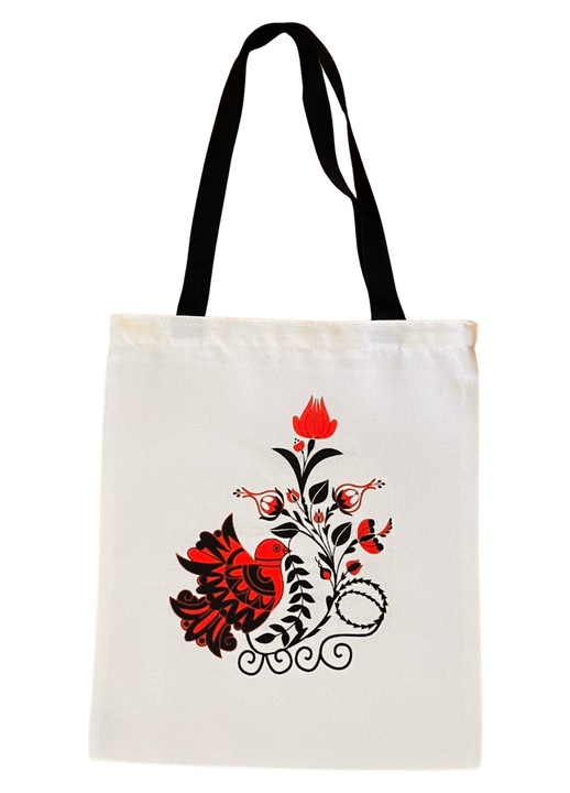 Vászon táska cipzárral, fekete fogantyúval, hagyományos galamb mintával