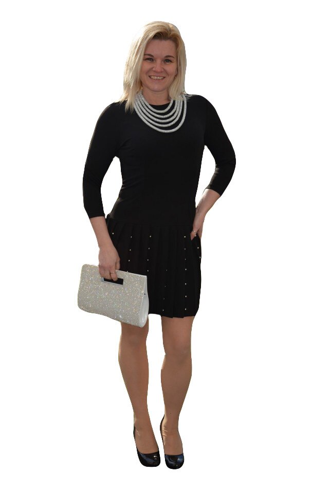 Rochie fashion cu pliseuri mari si perle in partea de jos,D&J Exclusive, Negru