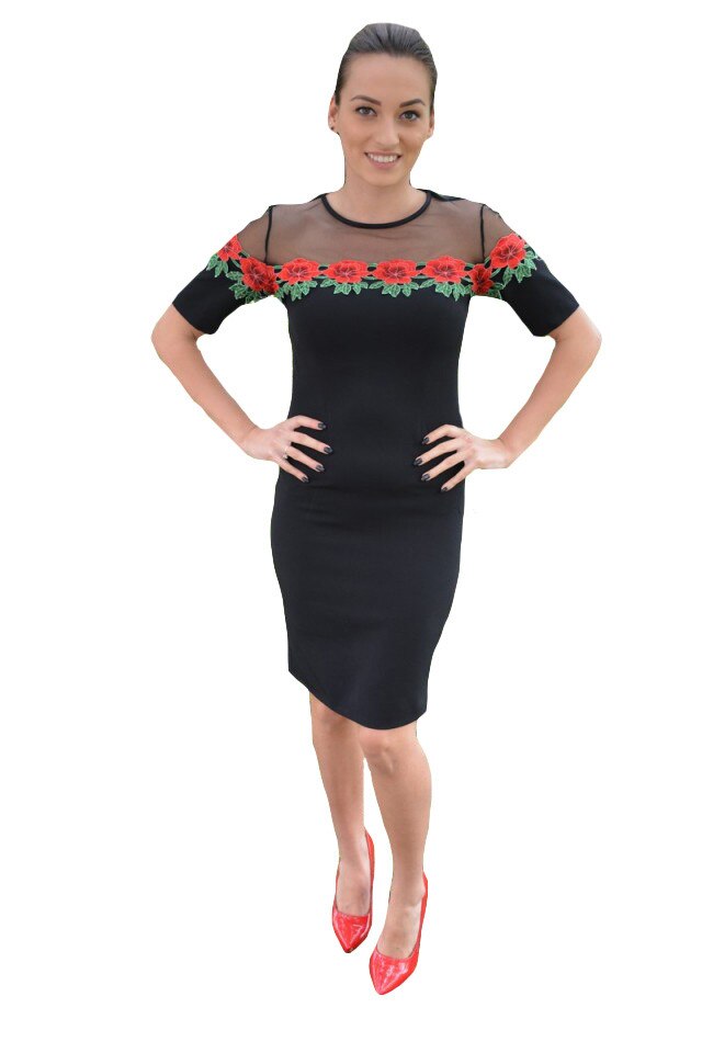 Rochie de ocazie cu broderie florala in partea de sus,D&J Exclusive, Negru