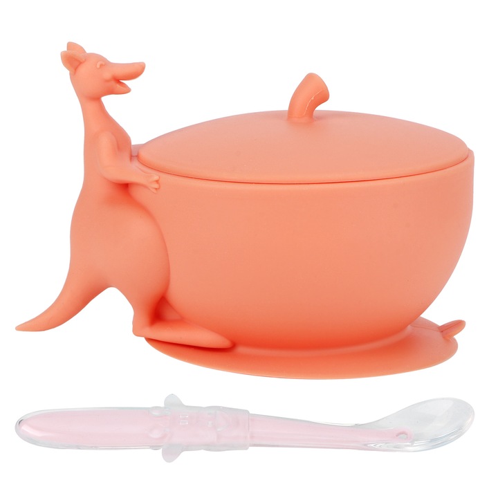 Aranyos korallpiros szilikon babakanál készlet tapadókorongos alappal, csúszásmentes etetőedény csecsemőknek
