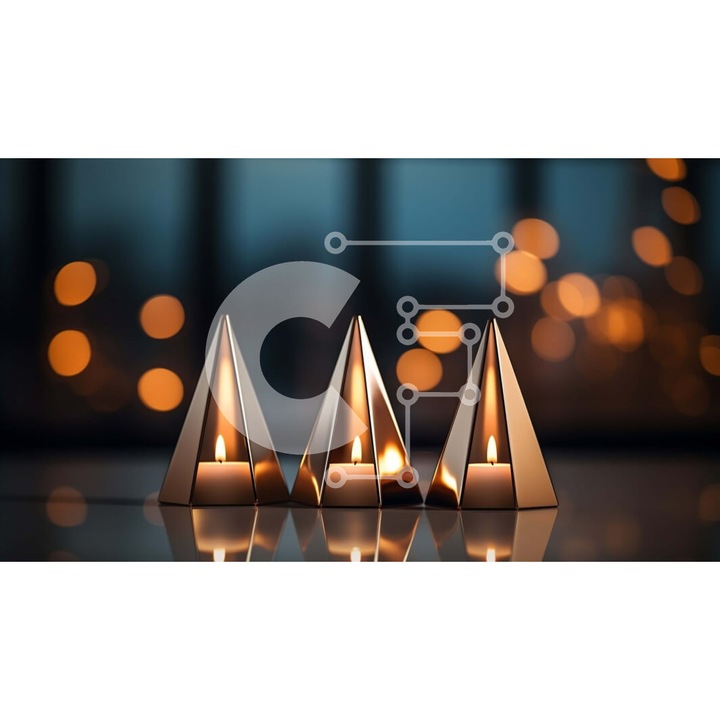 Puzzle din lemn Intrahome, piramida de lumanari aurii pe masa intunecata, 10x10cm, 25 piese, set in cutie de lemn wenge