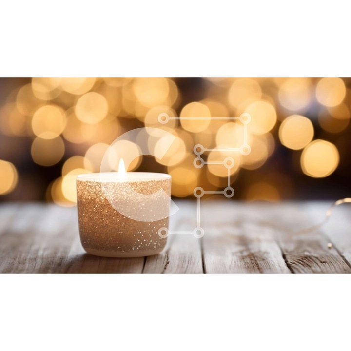 Puzzle din lemn Intrahome, 10x10 cm, 25 piese, imagine cu candela pe masa din lemn, lumini aurii Bokeh, cutie din lemn wenge.