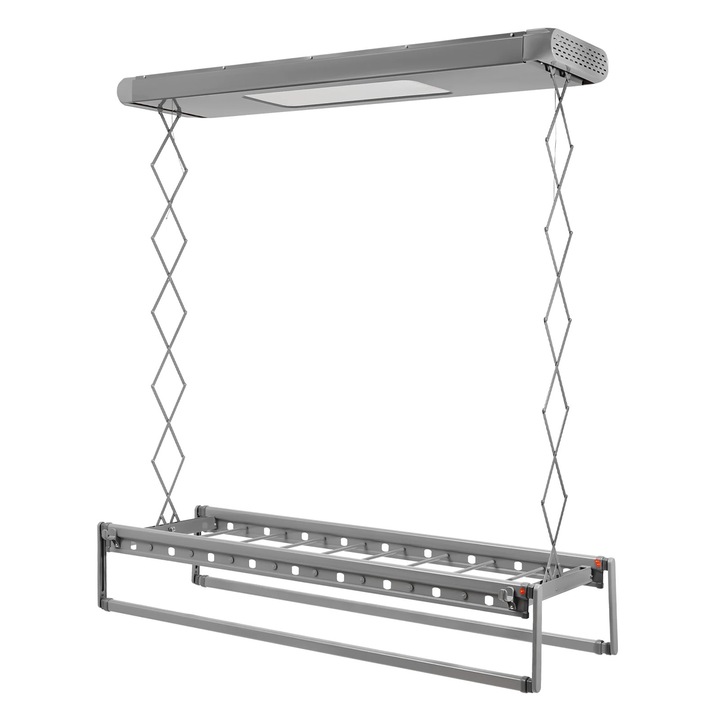 Elektromos ruhaszárító, Teleszkópos mennyezeti tartó, Távirányítós emelés, 130–215 cm, Szélesség 56 cm, Löket 110 cm, 35 kg, 8 rúd, Világosszürke