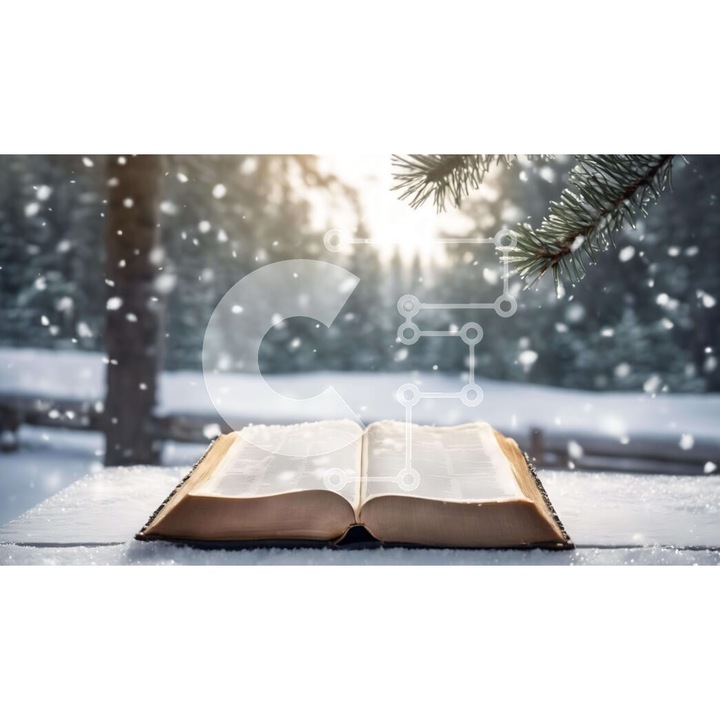Puzzle din lemn Intrahome - Biblie deschisa pe masa din lemn in peisaj de iarna, 10x10 cm, 25 piese, set in cutie de lemn wenge