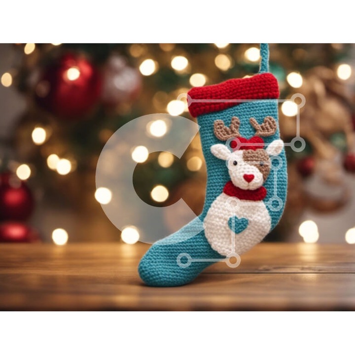 Puzzle din lemn Intrahome, 10x10 cm, 25 piese, imagine cu sosete pe masa de Craciun, culori rosu si alb, cutie din lemn wenge.