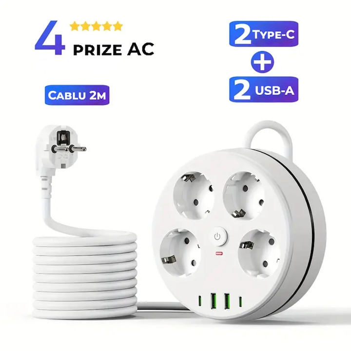 Разклонител 8 в 1 Miraza, 4 AC контакта + 2x USB + 2x USB-C, въртящ се диск на 360°, бутон ON/OFF с LED, кука за закачане, кабел 2 м, защита от претоварване, прибиращ се, 2500 W, бял