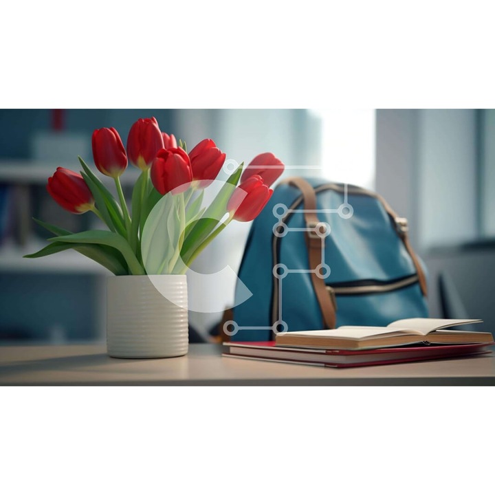 Puzzle din lemn Intrahome, 25 piese, flori rosii si carte deschisa pe masa, 10x10 cm, cutie din lemn wenge