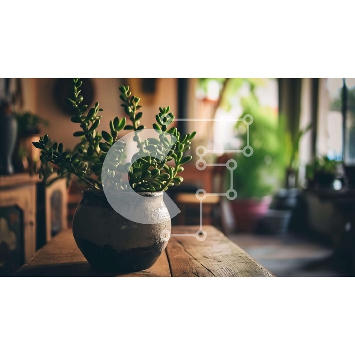 Puzzle din lemn Intrahome, planta in ghiveci pe masa veche, 10x10cm, 25 piese, cutie din lemn wenge