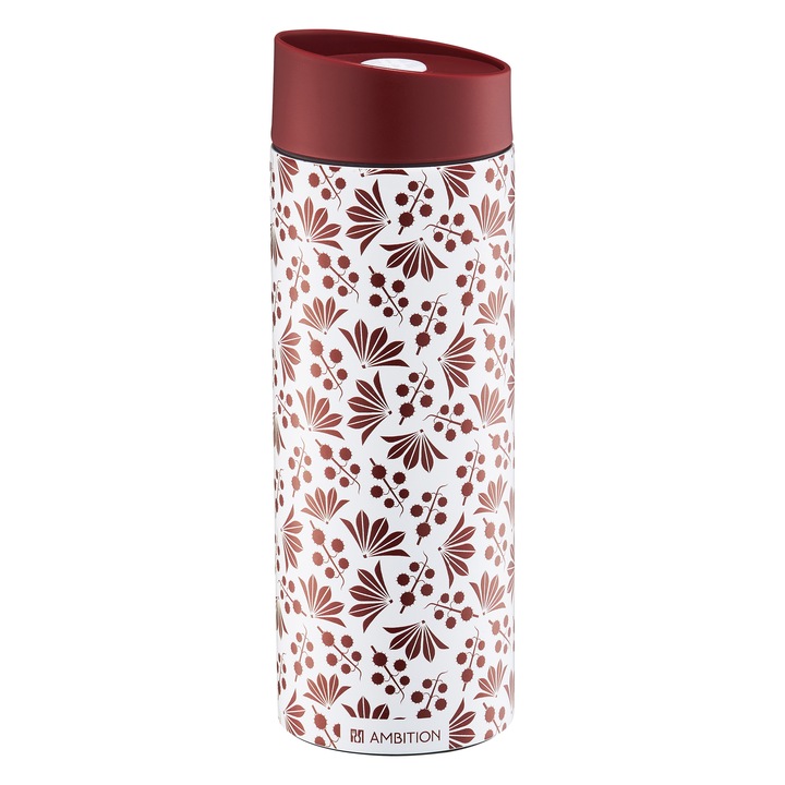Cana termos Ambition Rubi, inox, 350ml, rosu intens, design floral
