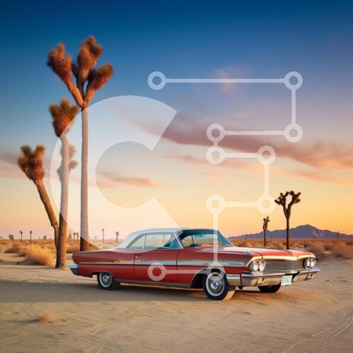 Puzzle din lemn Intrahome, clasic masina rosie in desert, 10x10 cm, 25 piese, cutie din lemn wenge