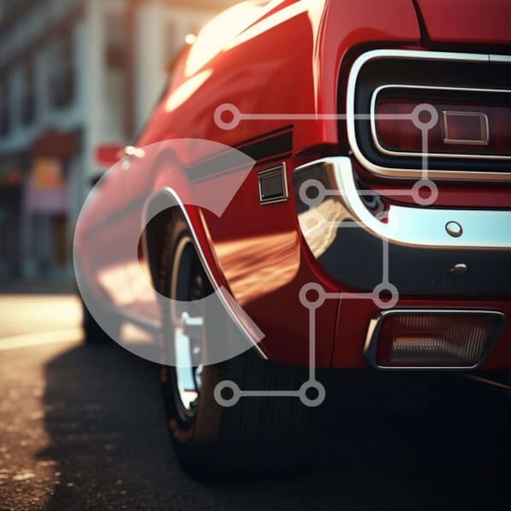 Puzzle din lemn Intrahome, 25 piese, 10x10cm, imagine cu masina rosie parcata, cutie din lemn wenge