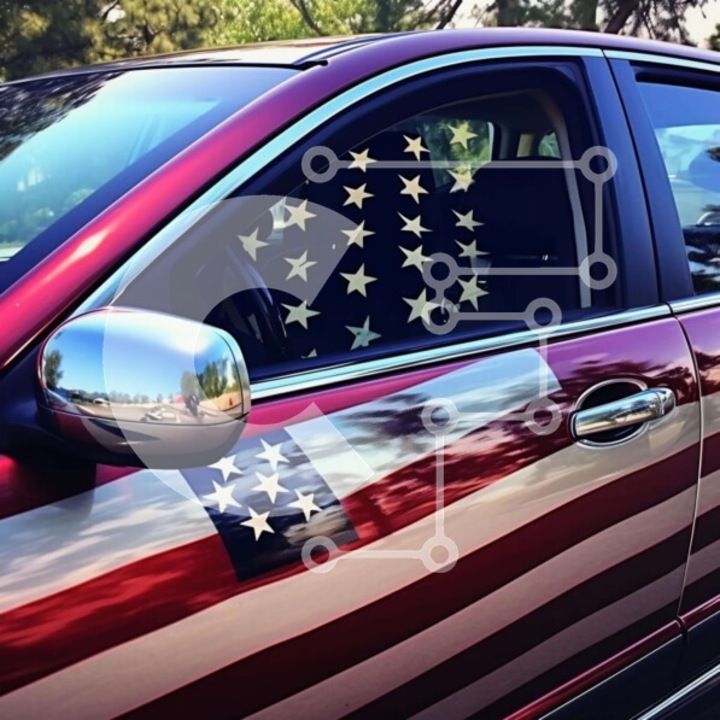 Puzzle din lemn Intrahome, masina rosie cu steag american, 25 piese, 10x10 cm, cutie din lemn wenge