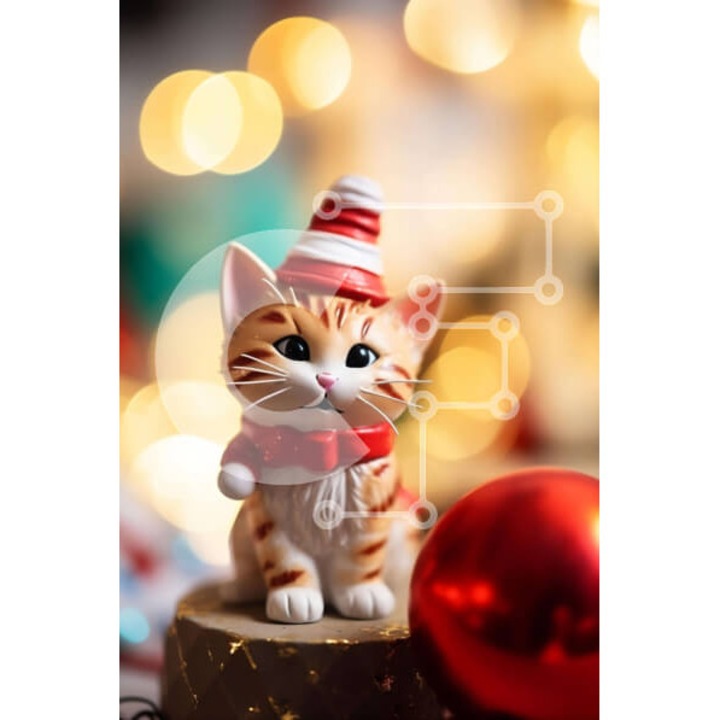 Puzzle Intrahome, 10x10 cm, 25 piese, imagine cu pisica pe masa de Craciun, cutie din lemn wenge