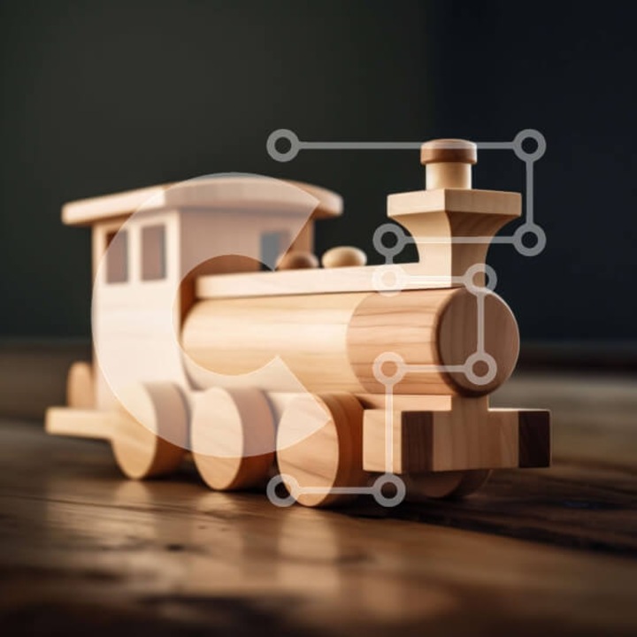 Puzzle din lemn Intrahome, tren colorat pe masa rustica, 10x10cm, 25 piese, set in cutie de lemn wenge