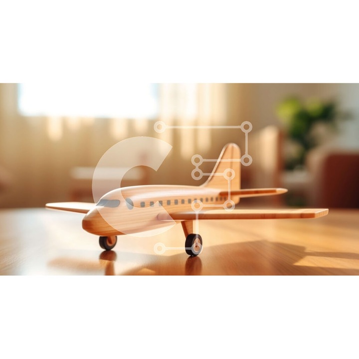 Puzzle din lemn Intrahome - Aeroplan din lemn pe masa cu vedere la orizont, 10x10cm, 25 piese, set in cutie de lemn wenge