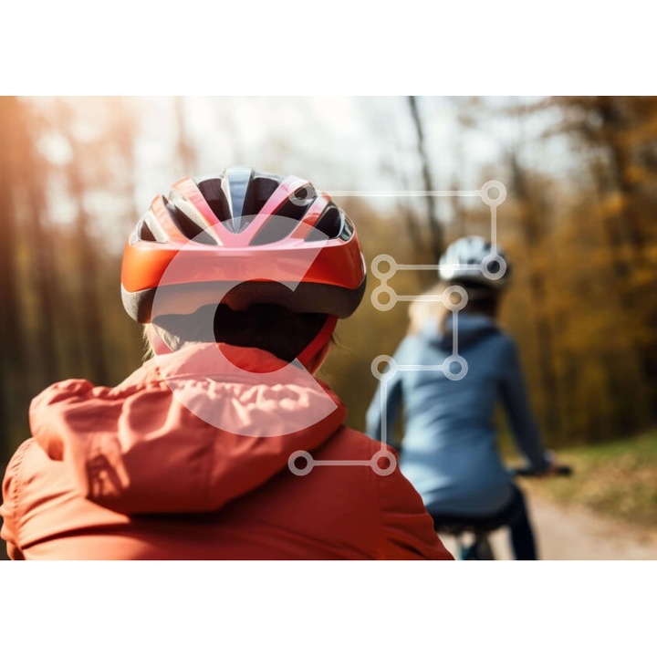 Puzzle din lemn Intrahome, 25 piese, 10x10 cm, imagine cu doi oameni pe biciclete in padure, cutie din lemn wenge