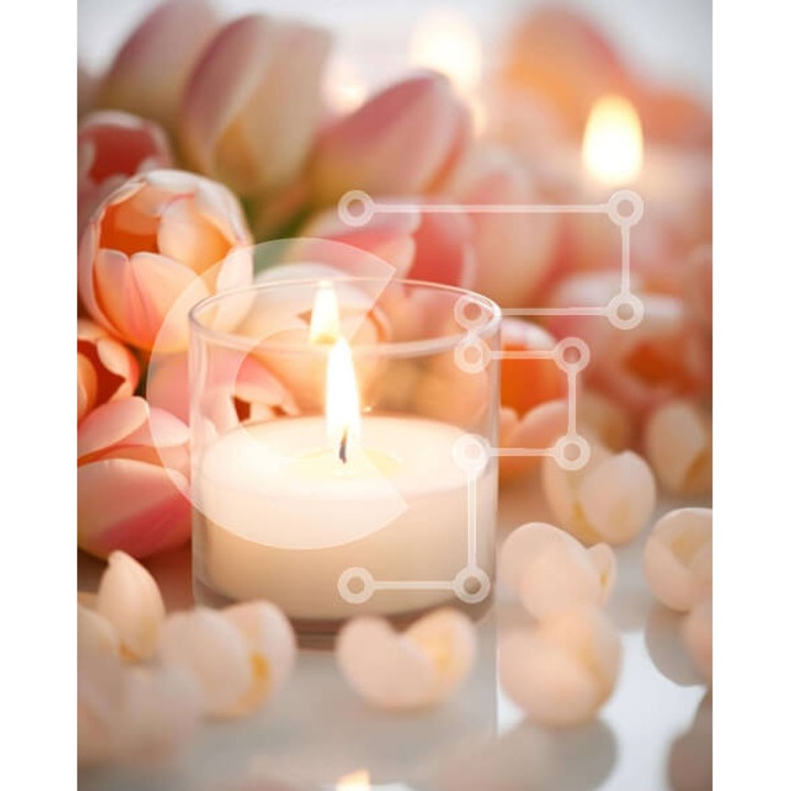 Puzzle din lemn Intrahome, 10x10 cm, 25 piese, design cu masa si lumanare, culori roz, cutie din lemn wenge