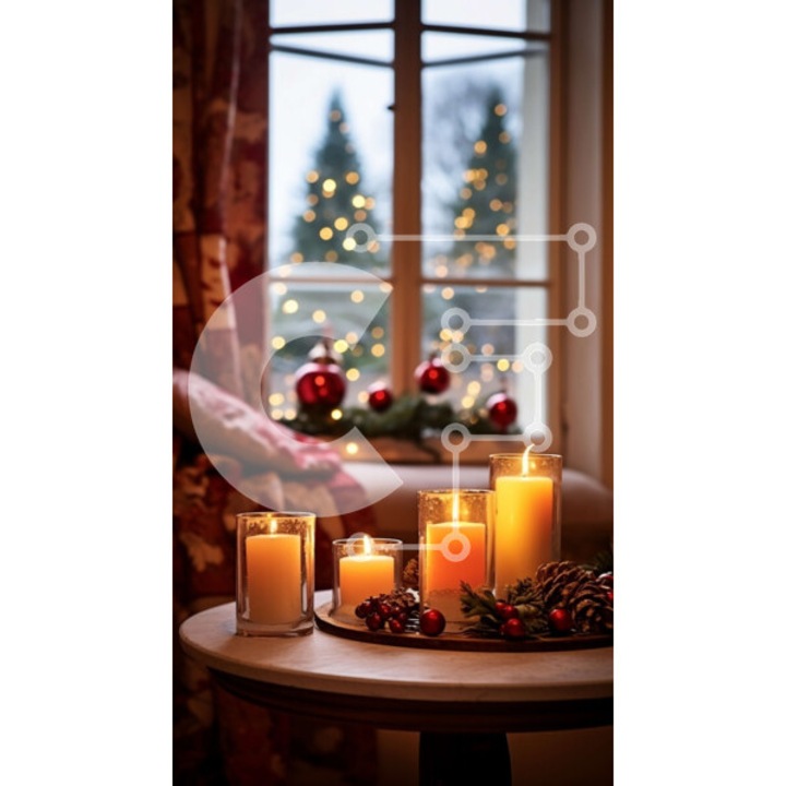 Puzzle Intrahome, 10x10 cm, 25 piese, imagine cu masa si lumanari de Craciun, cutie din lemn wenge