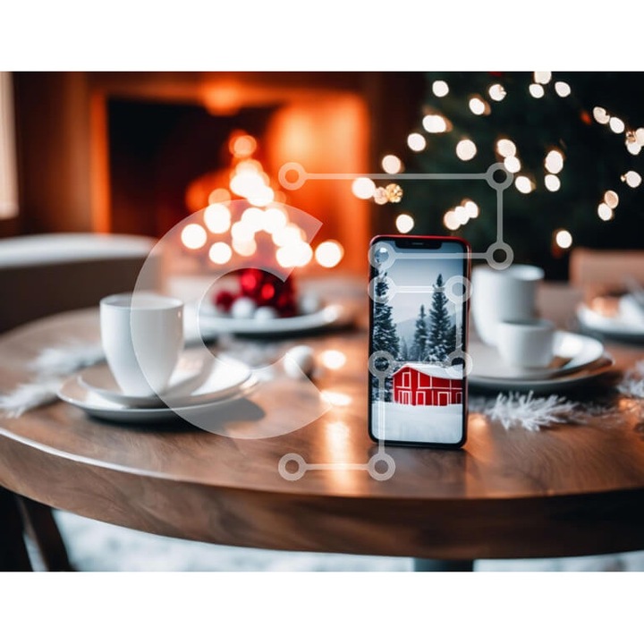 Puzzle din lemn Intrahome - Smartphone pe masa de stejar cu cani de cafea si semineu, 10x10 cm, 25 piese, set in cutie de lemn wenge