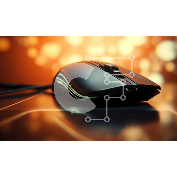 Puzzle din lemn Intrahome - 10x10 cm, 25 piese, imagine cu soarece negru pe masa portocalie, cutie din lemn wenge