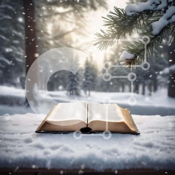 Puzzle din lemn Intrahome, Biblie deschisa pe masa de lemn in padure de iarna, 10x10 cm, 25 piese, set in cutie de lemn wenge