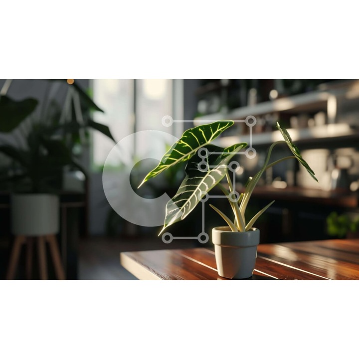 Puzzle din lemn Intrahome - Planta alba in ghiveci pe masa din lemn, 10x10 cm, 25 piese, set in cutie de lemn wenge