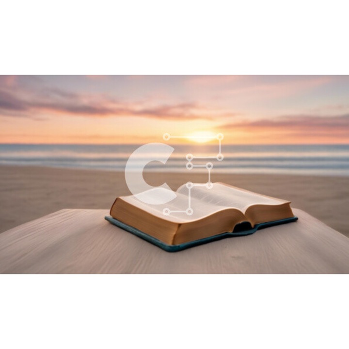 Puzzle din lemn Intrahome, 10x10 cm, 25 piese, imagine cu carte deschisa pe masa de lemn la plaja cu ocean si apus