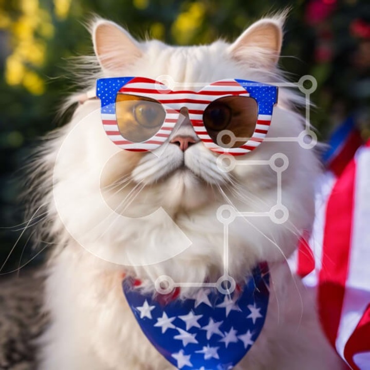 Puzzle din lemn Intrahome, 10x10 cm, 25 piese, pisica cu ochelari de soare si steag american, cutie din lemn wenge