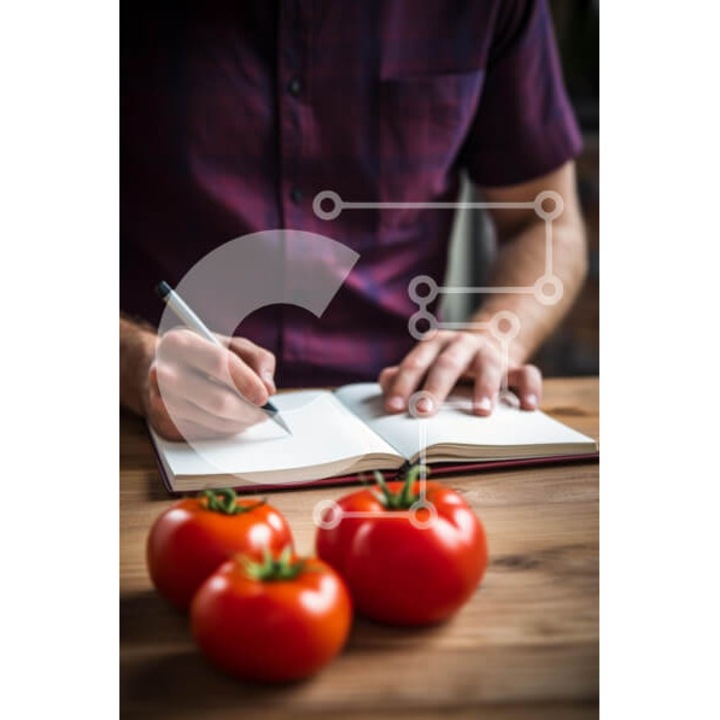 Puzzle din lemn Intrahome, 10x10 cm, 25 piese, imagine cu barbat scriind la masa cu rosii, cutie din lemn wenge