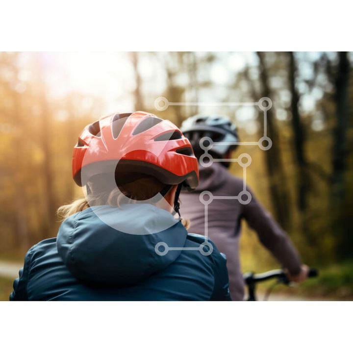 Puzzle din lemn Intrahome, oameni pe biciclete in padure, 25 piese, 10x10 cm, cutie din lemn wenge