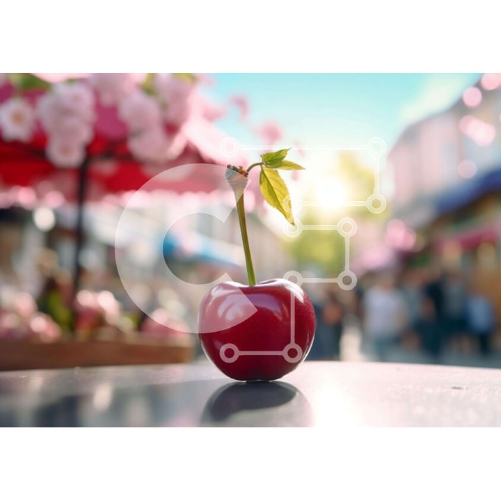 Puzzle din lemn Intrahome, imagine cu cires rosu pe masa cu umbrela, 10x10 cm, 25 piese, cutie din lemn wenge