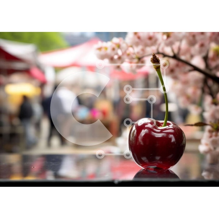 Puzzle din lemn Intrahome, imagine cu cires rosu pe masa, 25 piese, 10x10 cm, cutie din lemn wenge