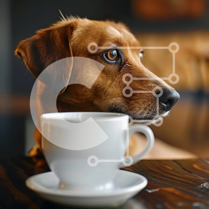 Puzzle din lemn Intrahome, 10x10 cm, 25 piese, imagine caine pe masa, cutie din lemn wenge