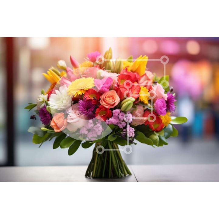 Puzzle din lemn Intrahome, buchet colorat de flori pe masa, 25 piese, 10x10 cm, cutie din lemn wenge