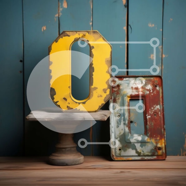 Puzzle din lemn Intrahome, vintage, tabla metalica inchisa la culoare cu litera "O" galbena, 10x10 cm, 25 piese, set in cutie de lemn