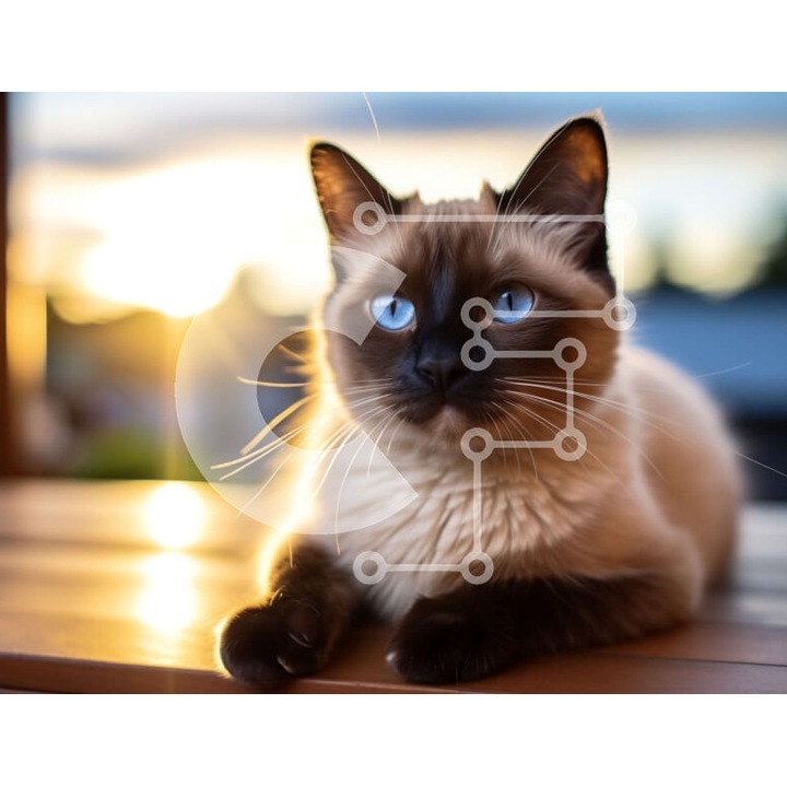 Puzzle din lemn Intrahome, 10x10 cm, 25 piese, pisica cu ochi albastri, cutie din lemn wenge