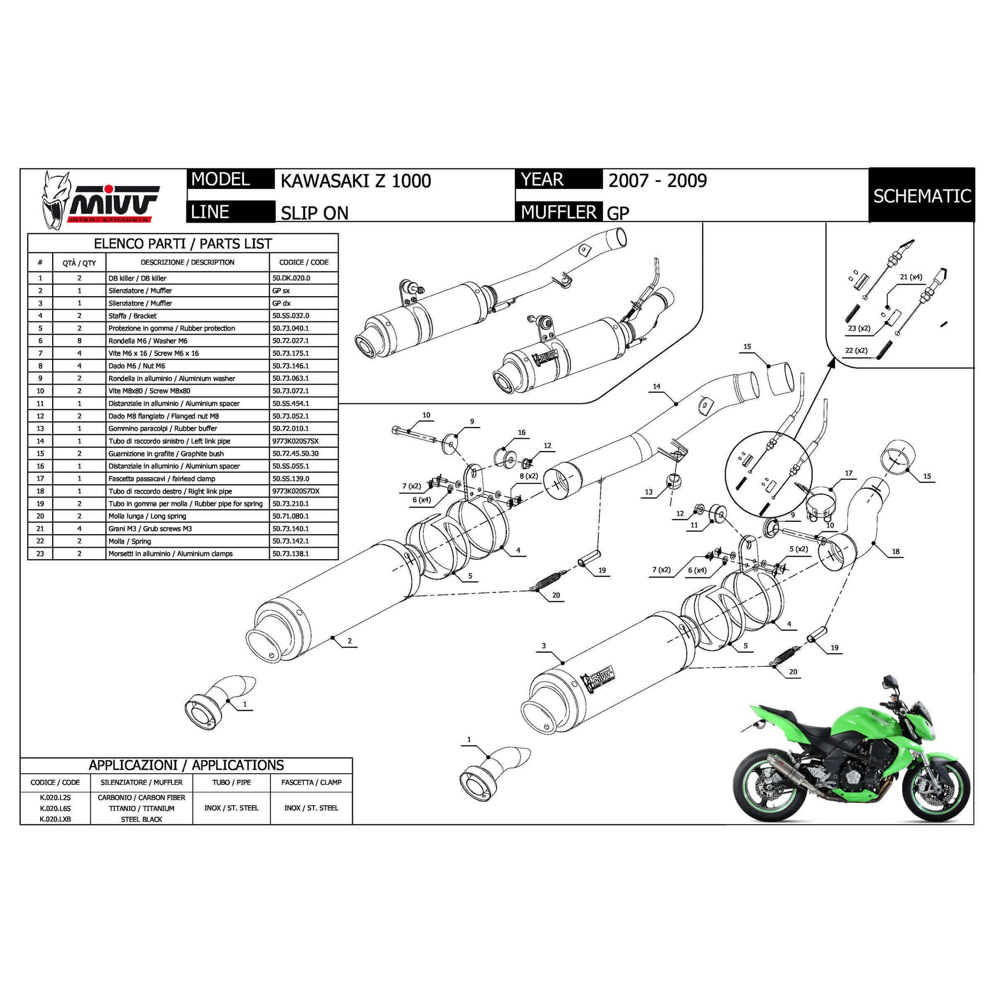 Esapament dublu MIVV GP, pentru Kawasaki Z 1000, inox negru, efect