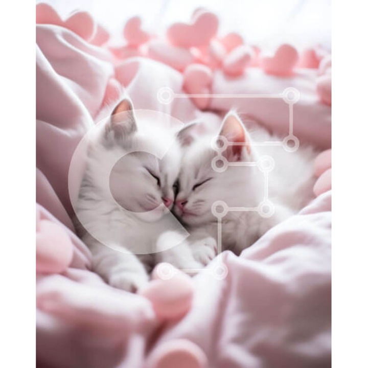 Puzzle din lemn Intrahome, 10x10 cm, 25 piese, doua pisici albe pe o patura roz, cutie din lemn wenge