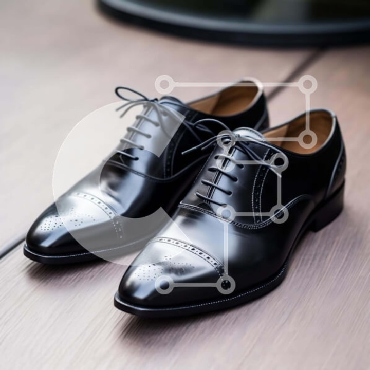 Puzzle din lemn Intrahome, 10x10 cm, 25 piese, design cu pantofi negri pe masa din lemn