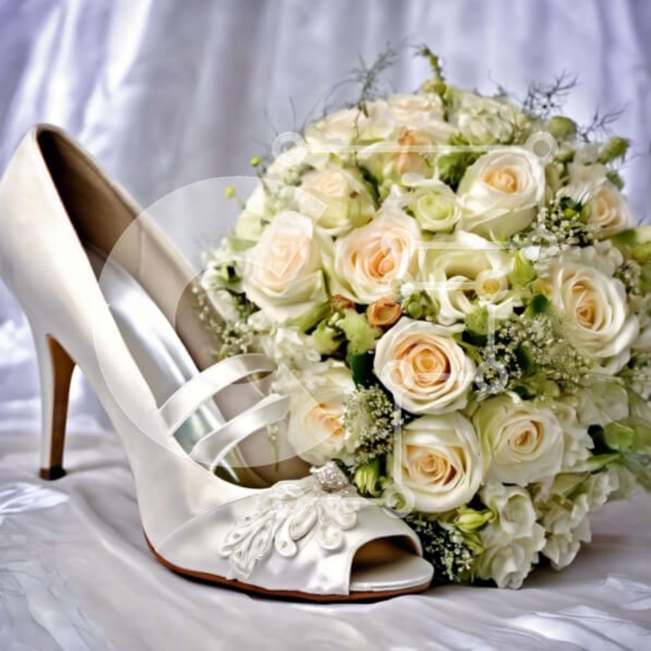 Puzzle din lemn Intrahome, 10x10 cm, 25 piese, imagine cu papuci albi si trandafiri albi, cutie din lemn wenge