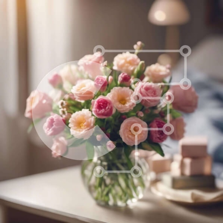 Puzzle din lemn, Intrahome, 10x10 cm, 25 piese, baza din sticla cu trandafiri roz si albi, cutie din lemn wenge