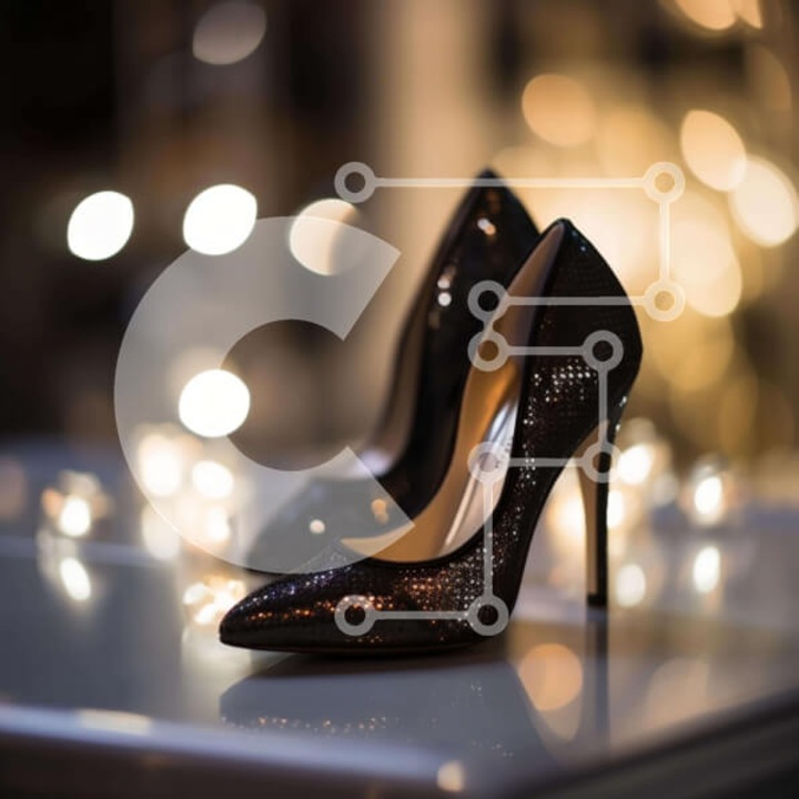 Puzzle din lemn Intrahome, 10x10 cm, 25 piese, imagine cu pantofi negri pe o masa iluminata, cutie din lemn wenge