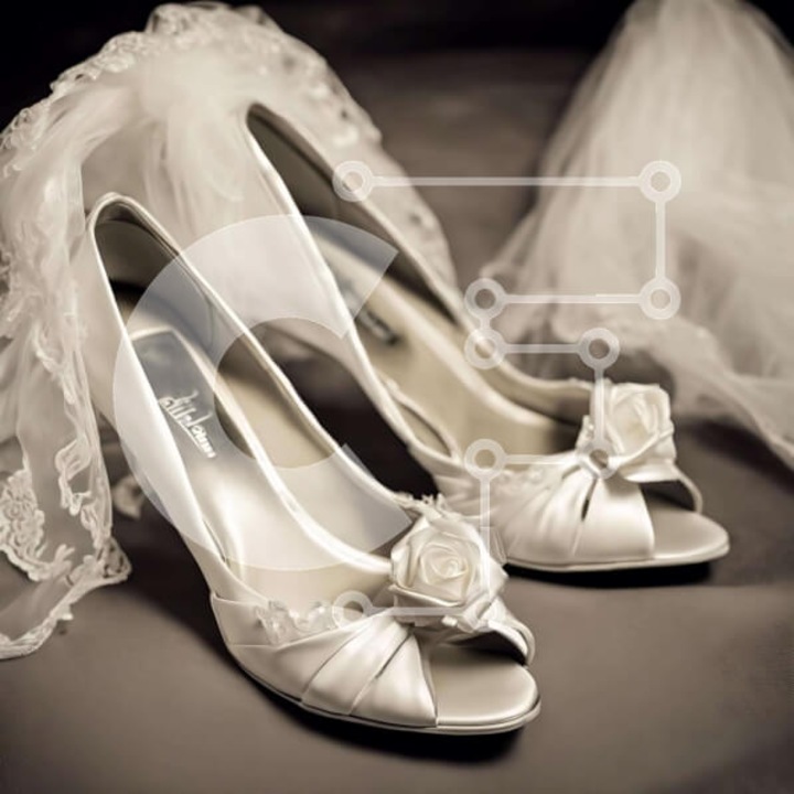 Puzzle Intrahome, 10x10 cm, 25 piese, papuci de mireasa albi cu voal, cutie din lemn wenge