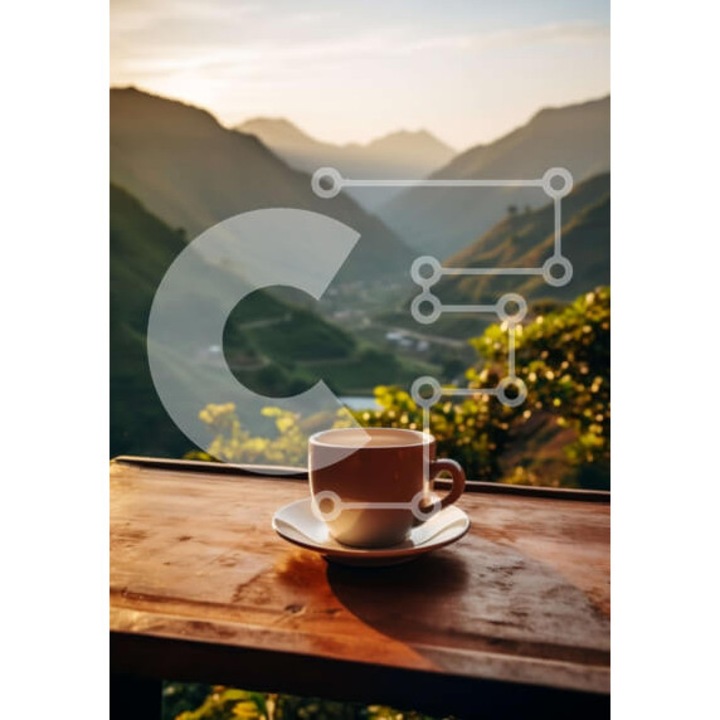 Puzzle din lemn Intrahome, imagine cu cafea pe masa, 10x10 cm, 25 piese, cutie din lemn wenge