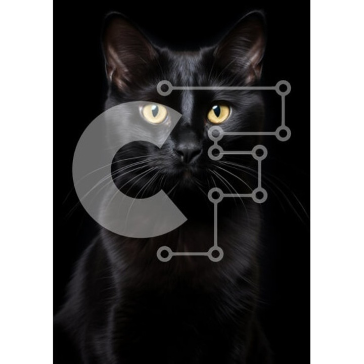 Puzzle Intrahome, 10x10 cm, 25 piese, imagine pisica neagra cu ochi galbeni, cutie din lemn wenge