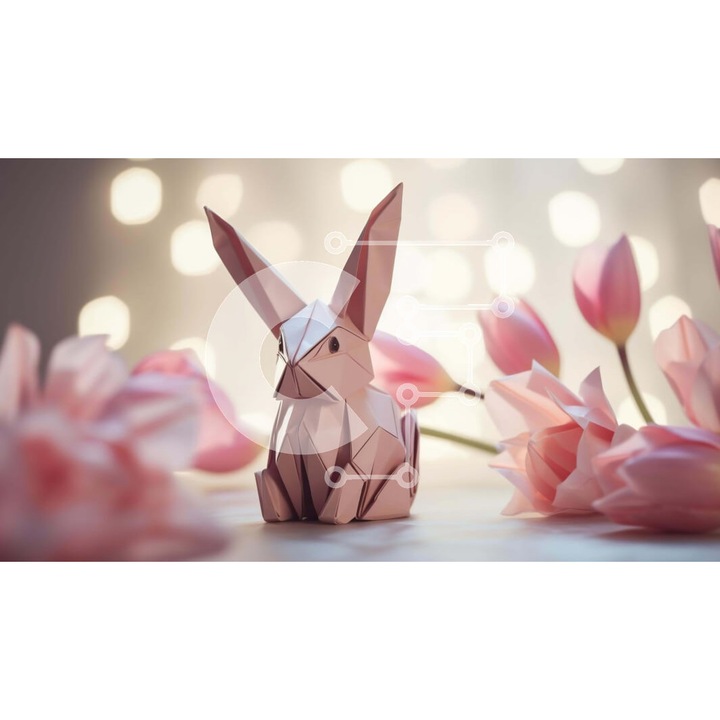 Puzzle din lemn Intrahome - Origami iepure si lalele roz pe o masa, 10x10 cm, 25 piese, set in cutie de lemn