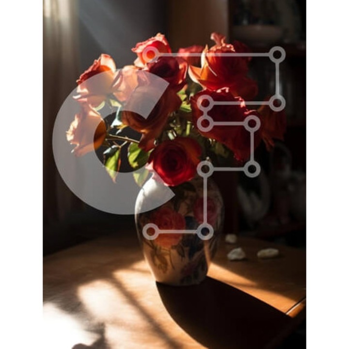 Puzzle din lemn Intrahome, imagine cu trandafiri rosii pe masa, 25 piese, 10x10 cm, cutie din lemn wenge.