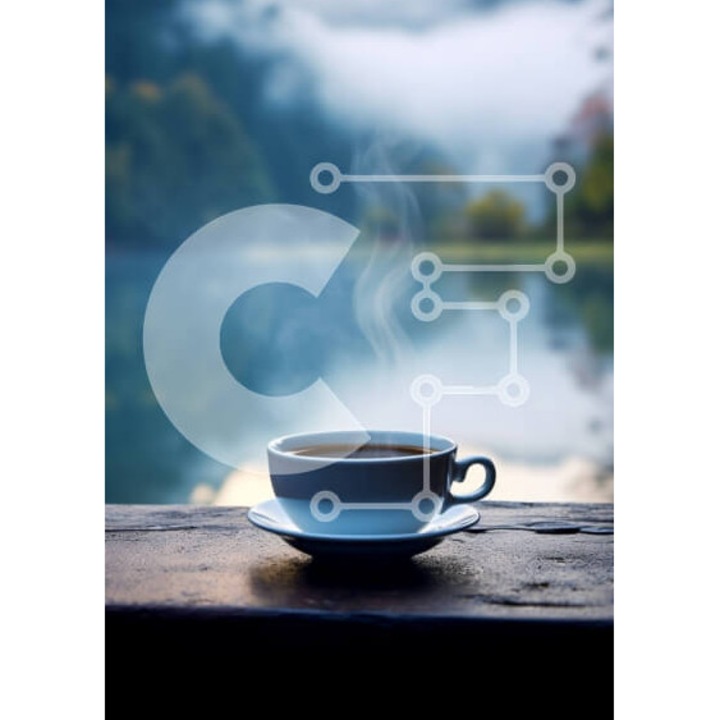 Puzzle din lemn Intrahome, 10x10 cm, 25 piese, imagine cu cafea pe masa langa o lac cu munti, cutie din lemn wenge.