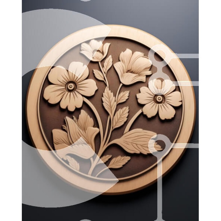 Puzzle din lemn Intrahome, placa circulara cu model floral, 10x10 cm, 25 piese, cutie din lemn wenge.