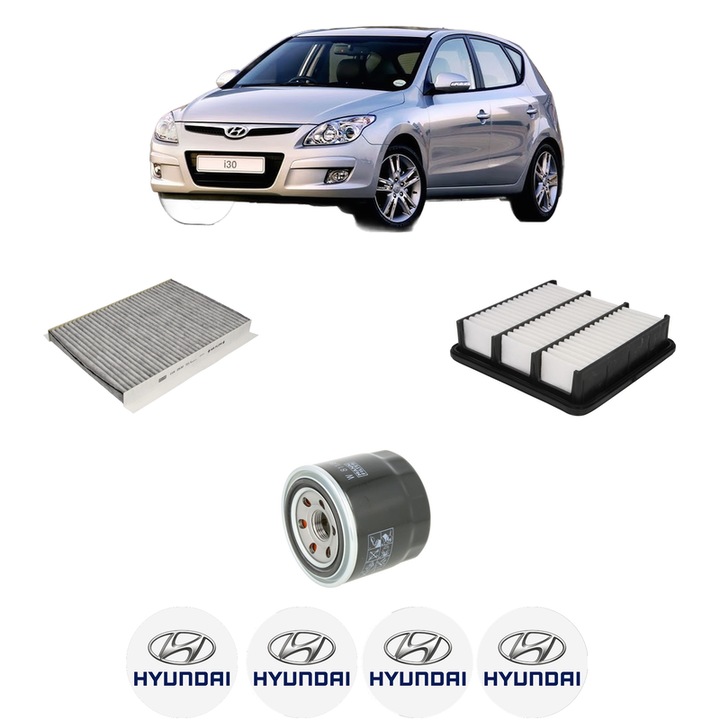 Pachet revizie HYUNDAI i30 Estate (FD) 1.6 din 2008-2012, Contine filtru aer, ulei, polen habitaclu carbon MANN, 4x Stickere cu HYUNDAI